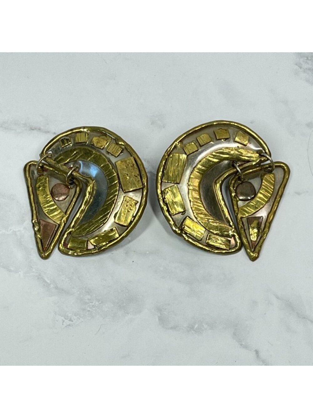 Vintage 80s Modernist Geometric Mixed Metal Earrings Gold Silver Abstract Design